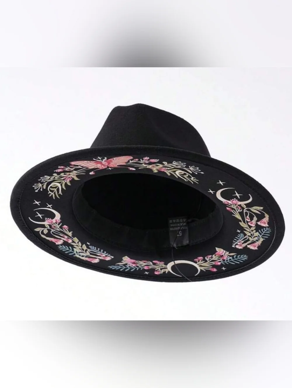 Witchy Black Wide-Brim Fedora with Pink Floral, Butterfly & Moon Embroidery - Picture 4 of 13